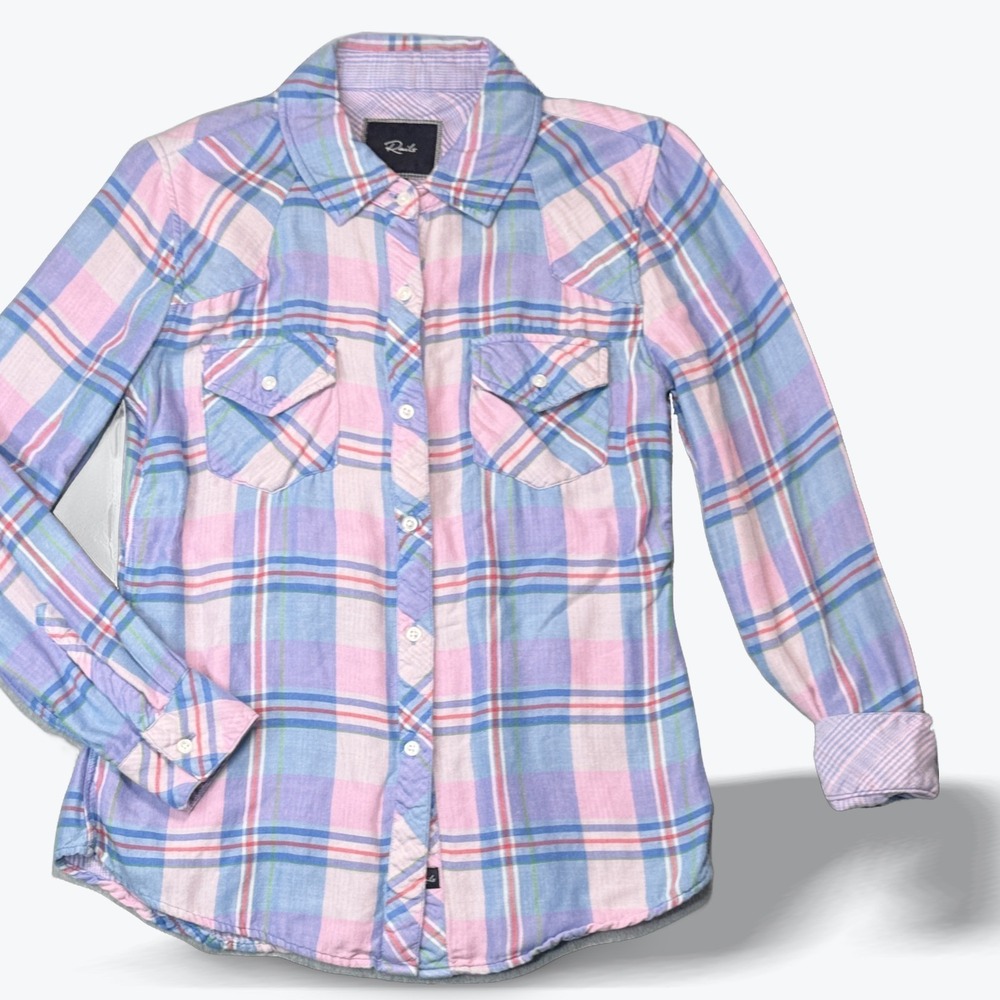 Rails Plaid Button Down Shirt Western Yoke Long Sleeve Pink Blue  XS